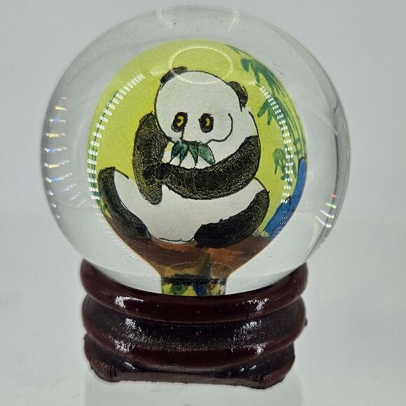Vintage Reverse Chinese Glass Ball Pandas Paperweight Hand Painted With Stand - Picture 3 of 4